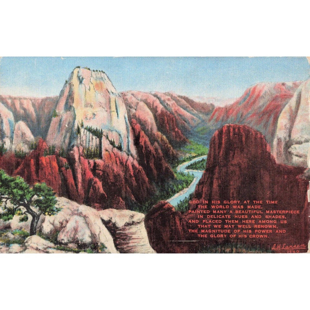 Vintage 1940 Zion National Park Linen Postcard Dude Larsen Great White Throne - Picture 1 of 2